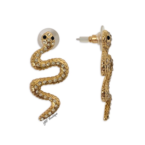 New Gold & Black Snake Rhinestone Post Fashion Earrings - Picture 4 of 5